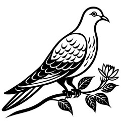 Dove leaning on a branch in tree vector silhouette illustration 
