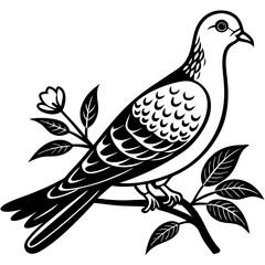 Dove leaning on a branch in tree vector silhouette illustration 