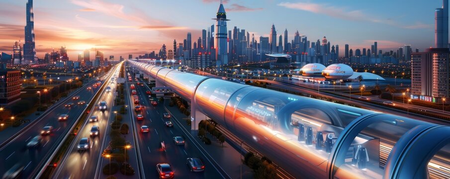 Hyperloop tube running through a futuristic urban landscape, self-driving cars below, and a spaceport in the distance, with clear copy space for text