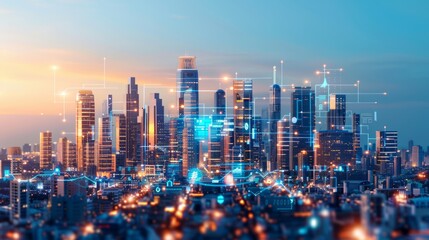 Obraz premium Futuristic city skyline with skyscrapers featuring integrated smart technologies and renewable energy solutions, illustrating interconnected urban infrastructure and sustainable living, providing