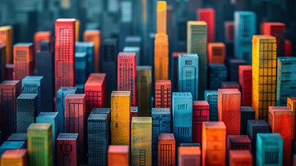 Obraz premium Abstract urban composition: colorful blocks depicting a city skyline against a dark setting, perfect for creative and modern visuals.