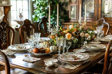 Formal Fall Dining Table Setting With White Candles and Flowers