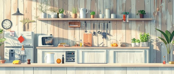 Flat design illustration of a lively kitchen scene with wooden-texture background and 3D elements. The kitchen features various utensils, appliances, and fresh ingredients, showcasing a bustling