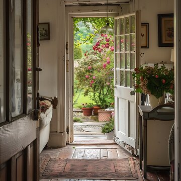 Old wooden door in the garden with a view of the mountains.