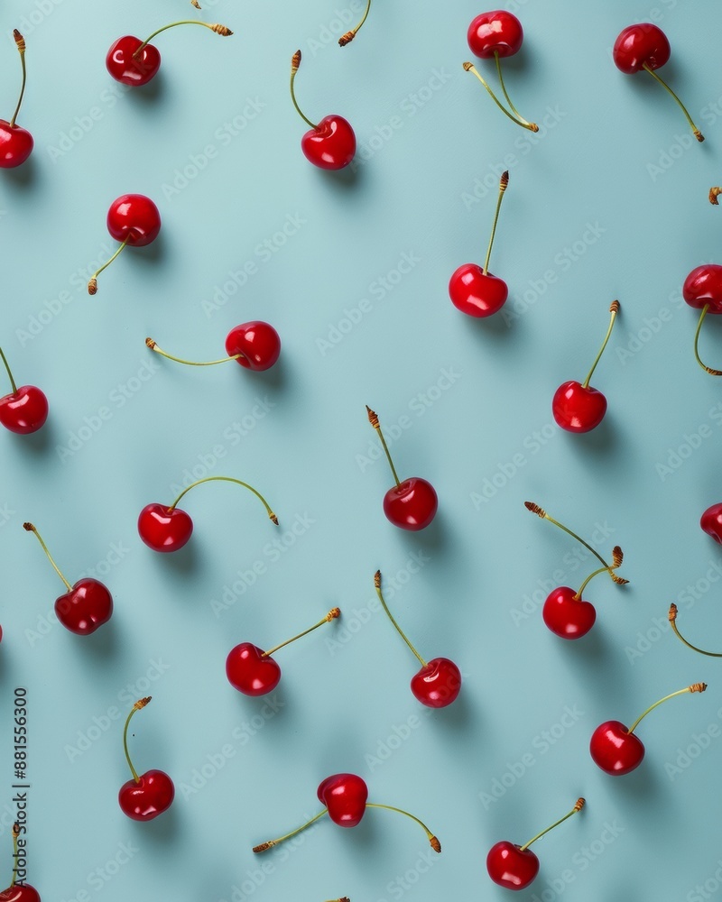Poster vibrant red cherries scattered on sky blue background a pattern of bright color and repetition in da