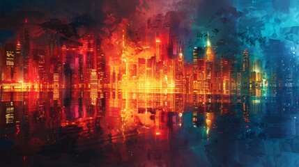 Dynamic city blocks: abstract interpretation of an urban skyline with vivid colors on a dark background, ideal for futuristic and city-themed designs.