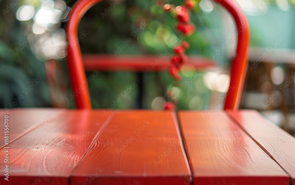 Poster vibrant red marble table with serene orchard background for product display photomontage, capturing 