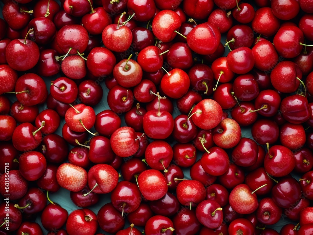 Aufkleber vibrant aerial view of red cherries in symmetrical geometric pattern and textured background