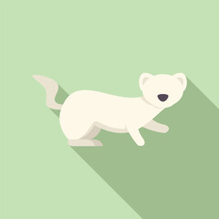 Minimalist flat design icon of a white ermine walking with a long shadow on a green background
