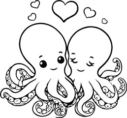 Cute couple of octopuses with heart. Valentines card with funny character in love. We complete each other. Vector illustration. Outline drawing