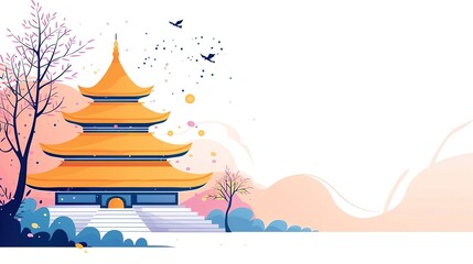 A beautiful illustration of a traditional Chinese pagoda with cherry blossoms, mountains, and birds flying in the sky.