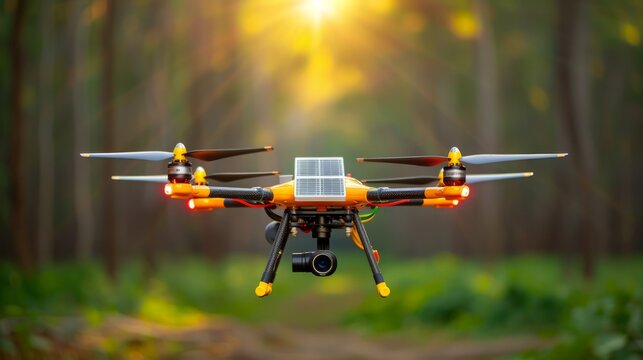 Futuristic drone equipped with solar panels for extended flight time and reduced environmental impact, showcasing innovative applications of renewable energy in technology, providing ample copy space