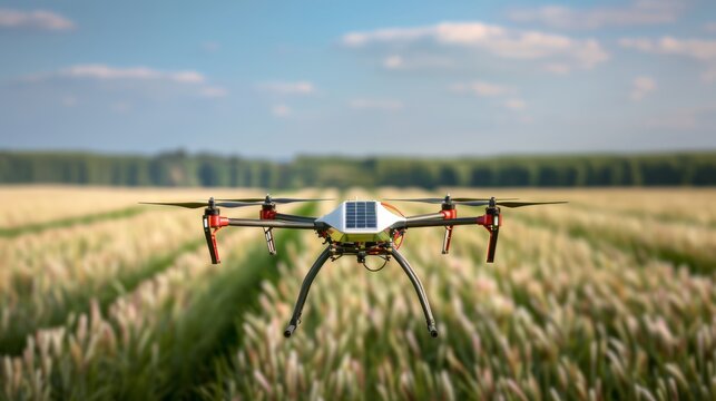 Futuristic drone equipped with solar panels for extended flight time and reduced environmental impact, showcasing innovative applications of renewable energy in technology, providing ample copy space