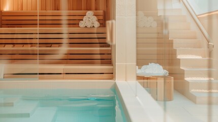 Serene Moments at a Modern Wellness Hub with People Enjoying a Minimalist Sauna and Plunge Pool