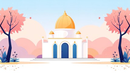 Illustration of a white mosque with golden dome, surrounded by pink trees and mountains.