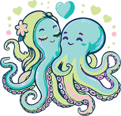 Cute couple of octopuses with heart. Valentines card with funny character in love. We complete each other. Vector illustration. Outline drawing