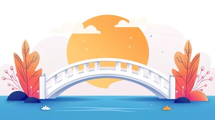 Naklejka premium Simple illustration of a white bridge over a lake at sunset.
