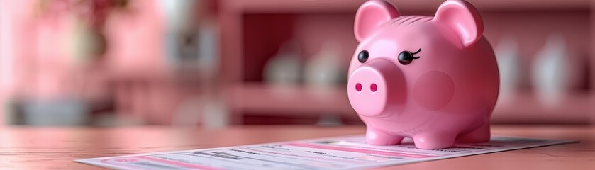 Pink piggy bank on a table with financial document, representing saving money, financial planning, and budgeting.