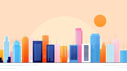 Obraz premium Modern city skyline illustration with colorful buildings and sun.