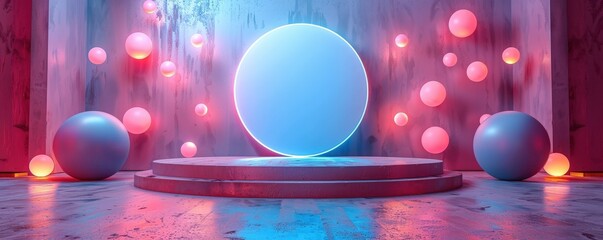 Futuristic abstract stage background with neon lights and floating spheres. Ideal for digital presentations, events, or creative designs.