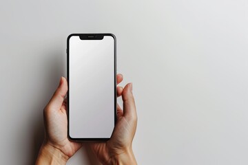 Smartphone mockup on hand with white blank screen created with Generative AI