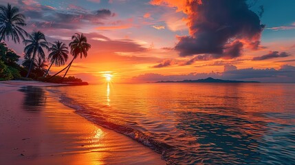 Serene Sunset Over Tropical Beach with Palm Trees and Turquoise Ocean