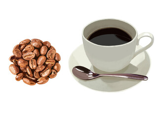 ホットコーヒーとコーヒー豆（浅煎り）