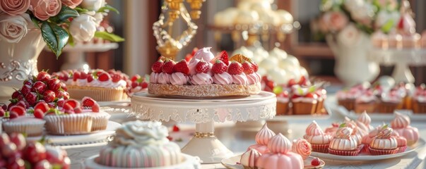 A delightful display of elegant desserts and pastries with strawberries, beautifully arranged on a decorated table in a charming setting.