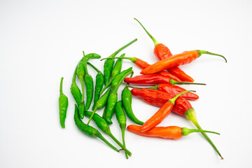Red cayenne pepper and green cayenne pepper. in Group. typical Indonesian. isolated on white background.