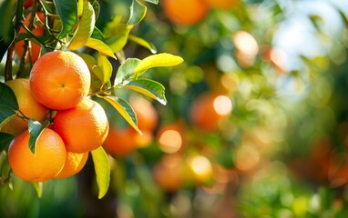 Ripe oranges hanging on a tree branch in an orchard.