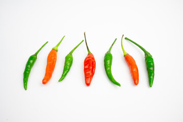 Red cayenne pepper and green cayenne pepper. in Group. typical Indonesian. isolated on white background.