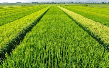 Obraz premium Vibrant photo of paddies during different growth stages, from planting to harvest, Paddies, Growth stages