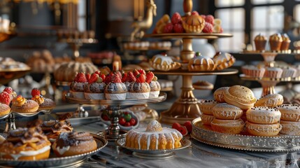 Fototapeta premium A luxurious display of various pastries and desserts in a sophisticated patisserie, showcasing a plethora of vibrant and delicious sweet treats.