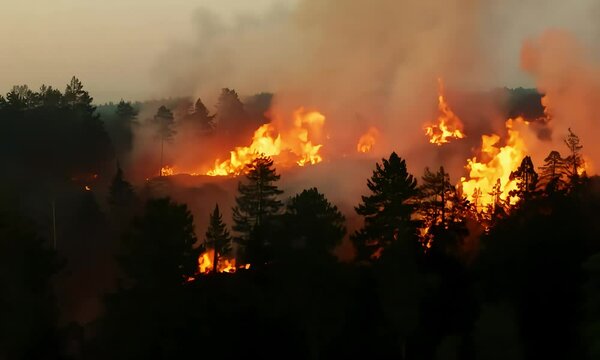 A dense forest engulfed in a raging fire (mov)