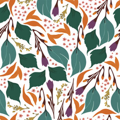 Botanical Seamless Pattern. Modern Trendy Floral Background. Wildflowers and Leaves Colorful Wallpaper. Botanical Design for Prints, Surface, Home Decoration, Fabric. Vector Illustration.	