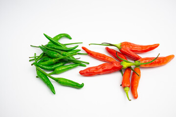 Red cayenne pepper and green cayenne pepper. in Group. typical Indonesian. isolated on white background.