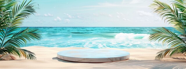 Obraz premium The beach by the sea, with an empty circular podium in front of it and palm leaves on both sides, features light blue water waves, a background of sandy beaches.