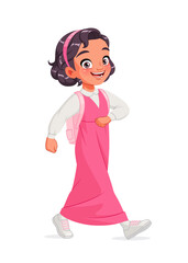 Happy cute Arab girl walking to school. Cartoon vector illustration.