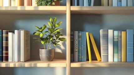 Bookshelf with assorted books, a green potted plant, and cozy sunlight creating a warm reading environment in a study room.