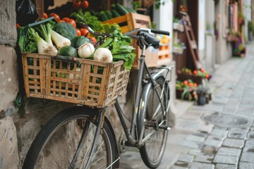 Bicycle with Fresh Produce in a Basket