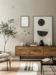 Minimalist living room with wooden furniture, modern art, and indoor plants. Warm and cozy interior design with a neutral color palette.