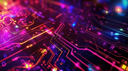 Technological Evolution: Vibrant Futuristic Digital Circuit Board Abstract Background with Glowing Neon Lines