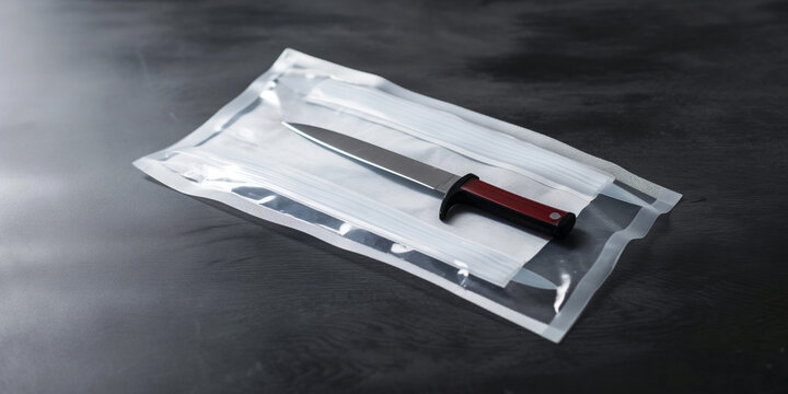 Messer Stichwaffe Produktaufnahme halbtransparenter Druckverschlussbeutel einer Tatwaffe Beweismittel