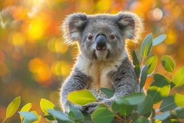Fototapeta premium Koala Bear Perched on Eucalyptus Branch in Australian Bushland, Surrounded by Soothing Gum Leaf Scent.