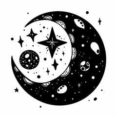 Abstract Celestial Art Black and White Moon Stars Universe Design