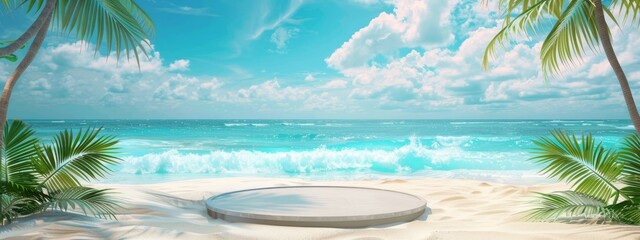 Fototapeta premium The beach by the sea, with an empty circular podium in front of it and palm leaves on both sides, features light blue water waves, a background of sandy beaches.