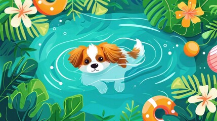 A vibrant flat design illustration depicting a cute dog swimming in a pool on a sunny summer afternoon. The pool is crystal clear with gentle waves, and the dog is playfully paddling. Surrounding the