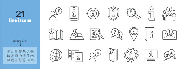 Information center line icon set. Guide, manual, help, hint, answer, tutorial, booklet, leaflet, search, settings, web, book, flyer, reception vector illustration. Editable Stroke.