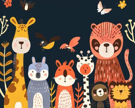 Thank you card, cute and quirky animals, flat design illustration