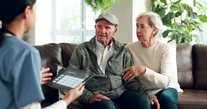 Senior couple, consulting and nurse with tablet for healthcare, daily schedule or routine at home. Man and woman talking to caregiver in elderly care on technology for diet plan or kidney dialysis